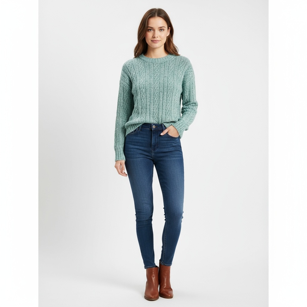 LOFT Sweater Womens Sz S Speckled Teal Ribbed Crewneck Flecked Knit Cozy Casual